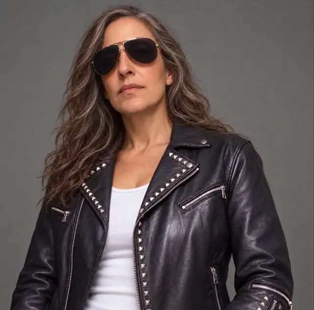 Portrait of the fictionalized First Weaver wearing dark glasses and a leather jacket