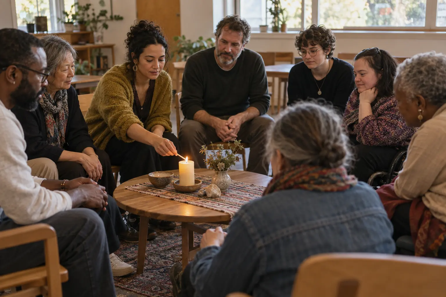 A diverse circle of Weavers lighting a candle together at the beginning of a gathering