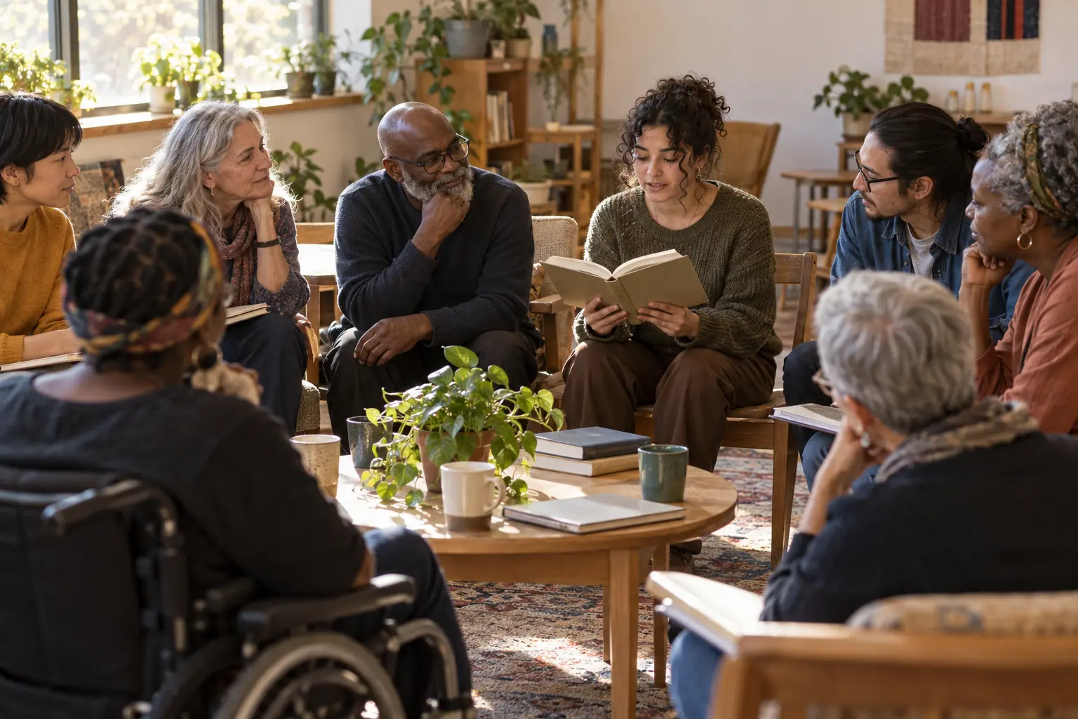 A Weaver reading aloud to an attentive intergenerational gathering