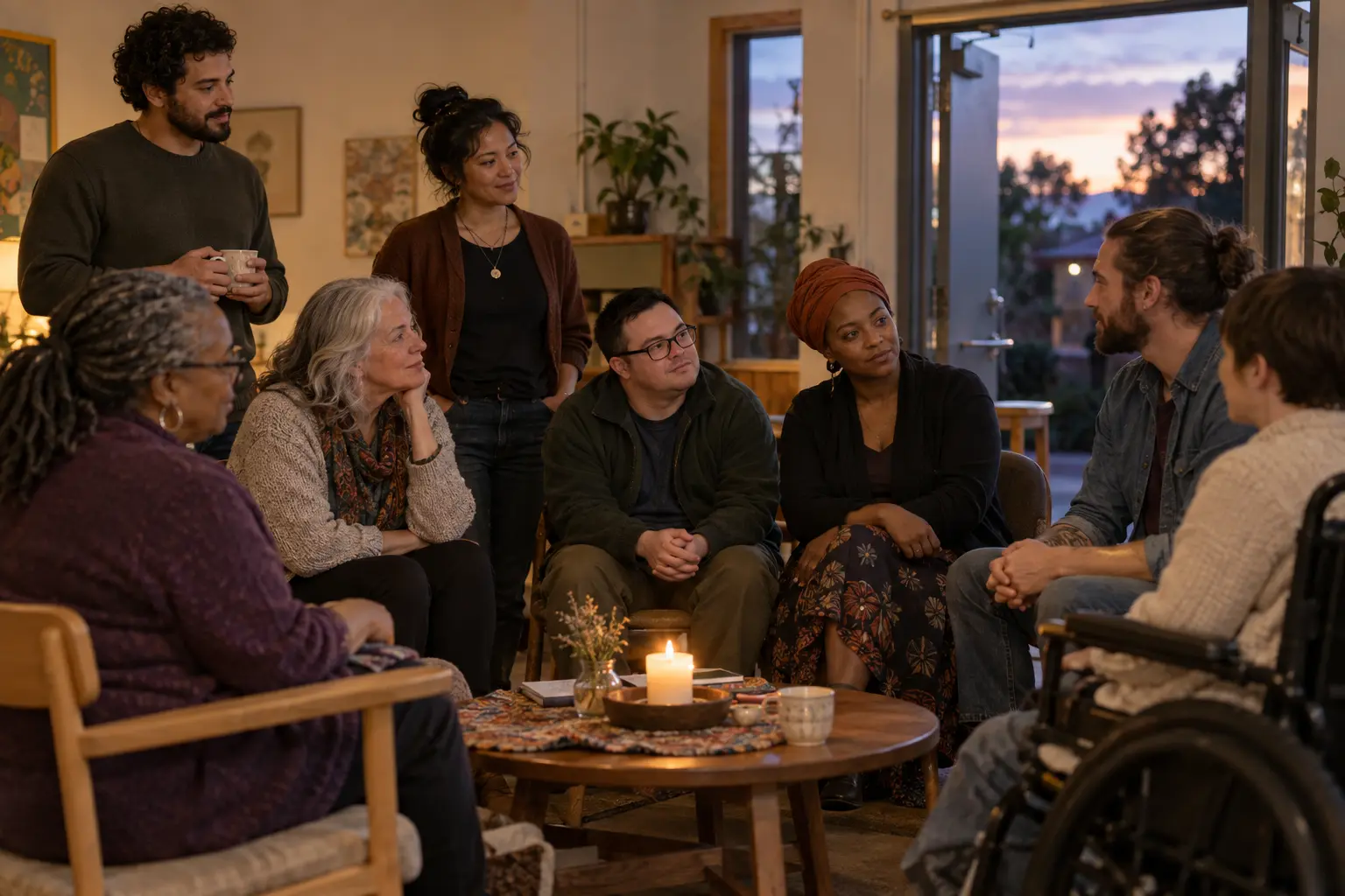 A gathering closing by candlelight at dusk before returning to ordinary life