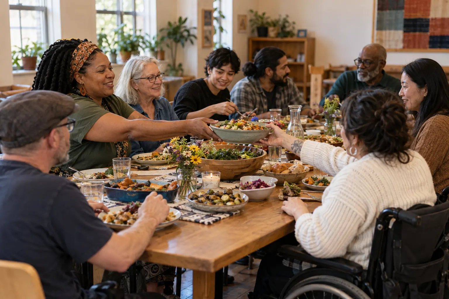 Weavers of different generations sharing a joyful communal meal