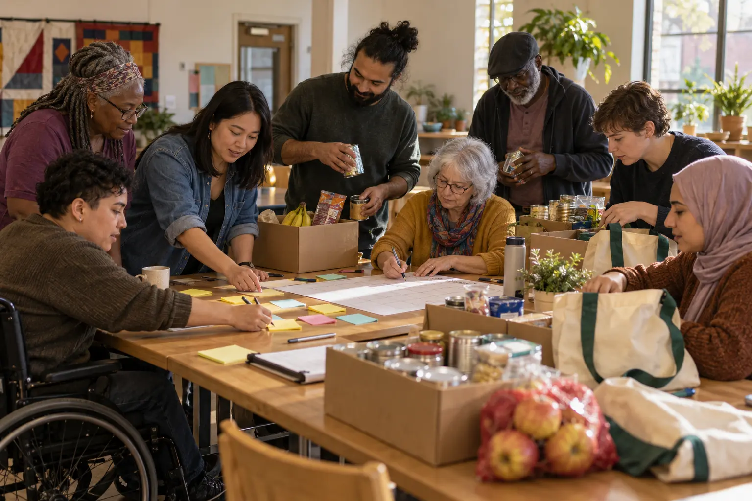 Weavers planning a practical act of community service around a shared table
