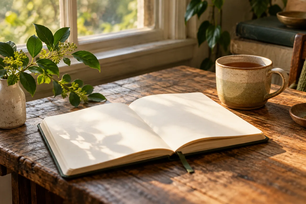 An open notebook and cup of tea beside a sunlit window.