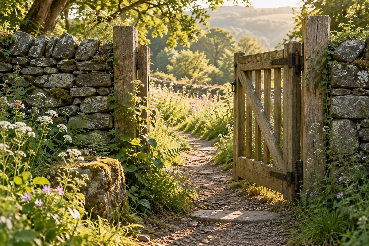 An open wooden gate within a low stone wall, with a path beyond.