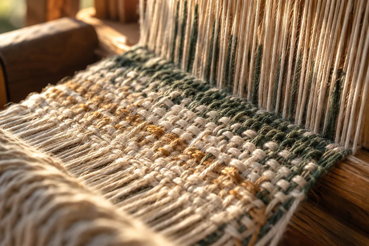Ivory and forest-green threads interlaced on a wooden loom.